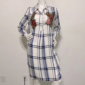 Cardalite Blue White Long Sleeve Collared Floral Sequin Check Dress Size L